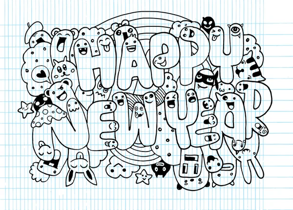 Doodle stijl Happy New Year schets met schattige monsters — Stockvector