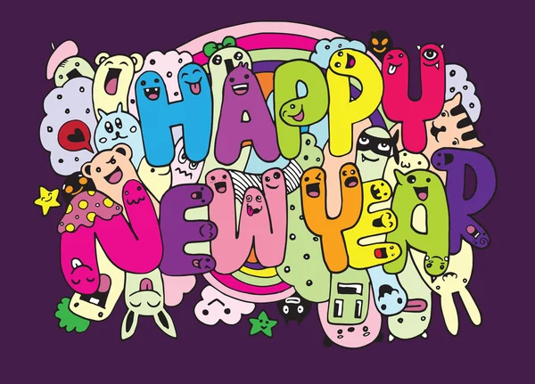 Doodle stijl Happy New Year schets met schattige monsters — Stockvector