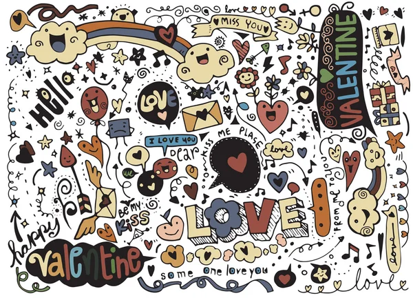 San Valentín doodle conjunto, mano dibujar amor elemento — Vector de stock