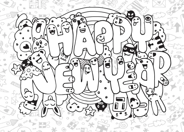 Doodle stijl Happy New Year schets met schattige monsters — Stockvector