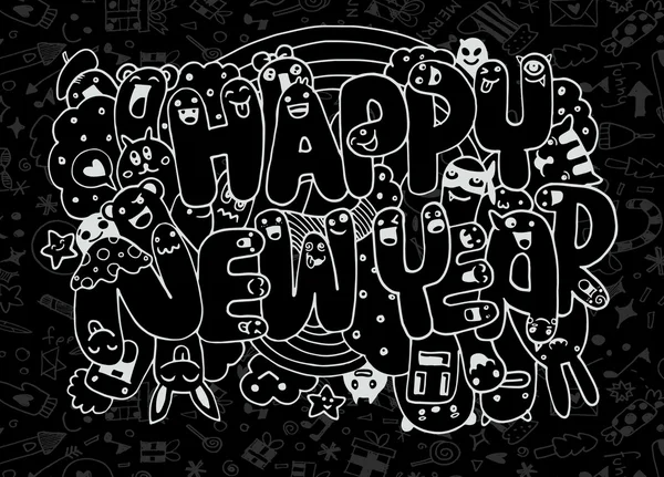 Doodle stijl Happy New Year schets met schattige monsters — Stockvector