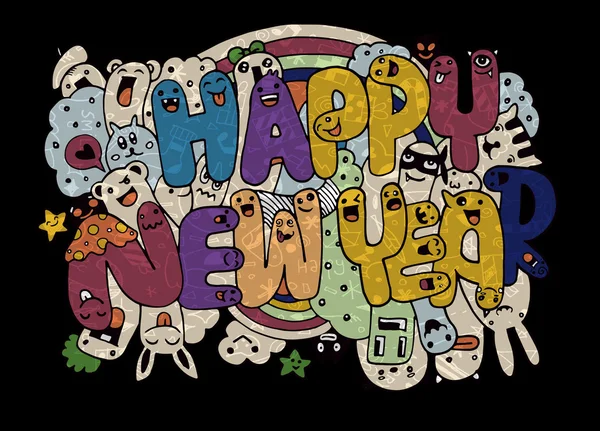 Doodle stijl Happy New Year schets met schattige monsters — Stockvector