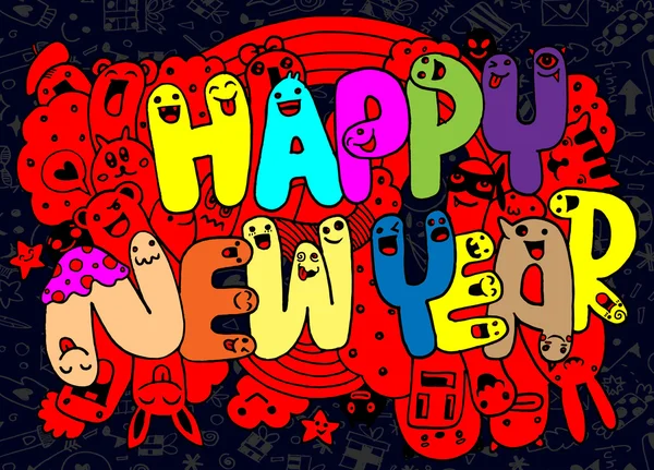 Doodle stijl Happy New Year schets met schattige monsters — Stockvector