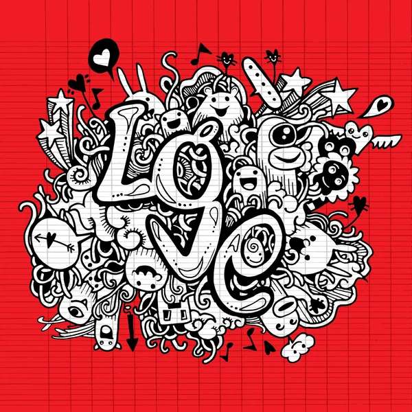 Amor mão lettering e doodles elementos esboço fundo — Vetor de Stock