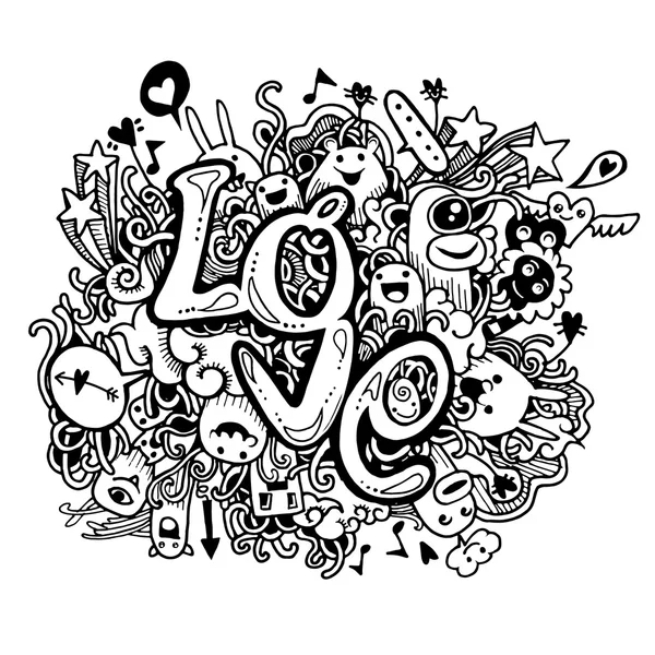 Amor mão lettering e doodles elementos esboço fundo — Vetor de Stock