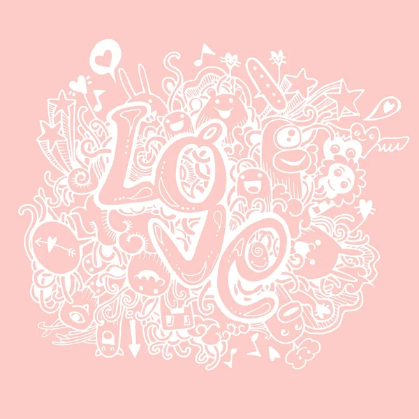 Amor mão lettering e doodles elementos esboço fundo — Vetor de Stock