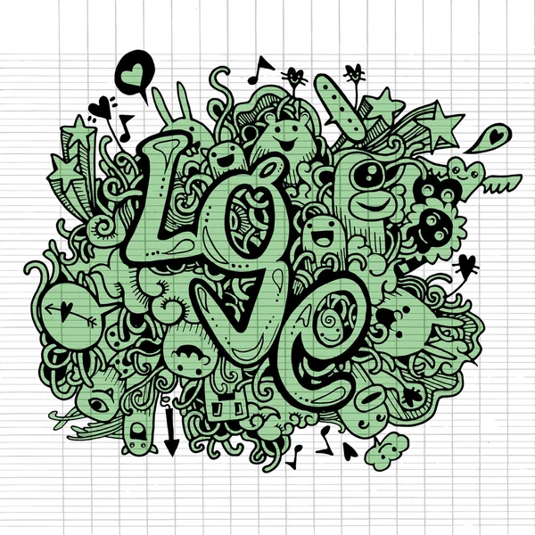 Liefde hand belettering en doodles elementen schets achtergrond — Stockvector