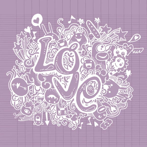 Amor mão lettering e doodles elementos esboço fundo — Vetor de Stock