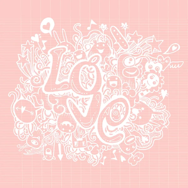 Love hand lettering and doodles elements sketch background — Stock Vector