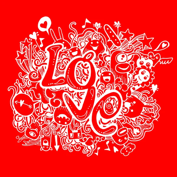 Szerelem betűk kézzel és doodles elemek vázlat háttér — Stock Vector