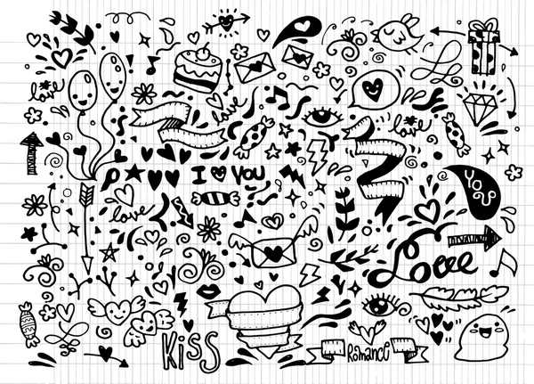 San Valentín doodle conjunto, mano dibujar amor elemento — Vector de stock