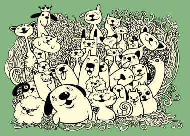 Elle çizilmiş doodle komik köpek ve kedi ayarla, vektör çizim.