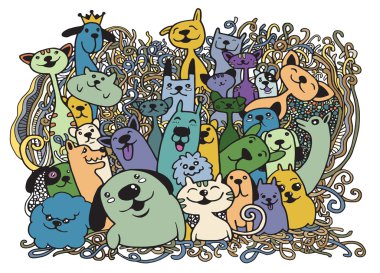 Elle çizilmiş doodle komik köpek ve kedi ayarla, vektör çizim.