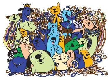 Elle çizilmiş doodle komik köpek ve kedi ayarla, vektör çizim.