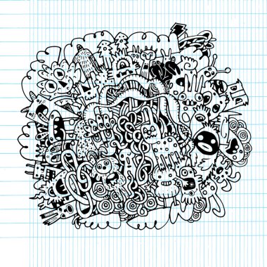 Hipster elle çizilmiş deli doodle canavar, çizim stili