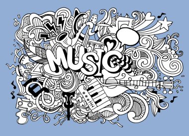Müzik arka plan, müzik aletleri ile kolaj. El çizimi 