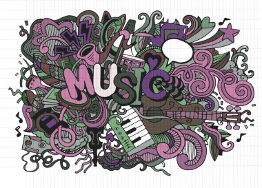 Müzik arka plan, müzik aletleri ile kolaj. El çizimi 