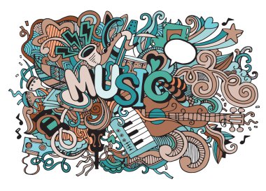 Müzik arka plan, müzik aletleri ile kolaj. El çizimi 