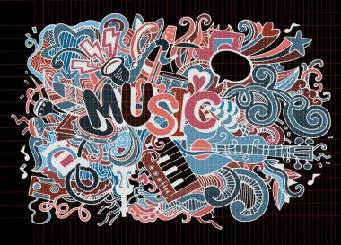 Müzik arka plan, müzik aletleri ile kolaj. El çizimi 