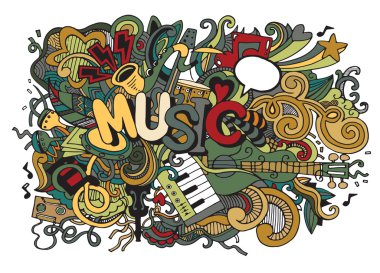 Müzik arka plan, müzik aletleri ile kolaj. El çizimi 