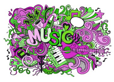 Müzik arka plan, müzik aletleri ile kolaj. El çizimi 