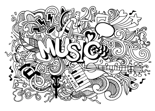 Muziek achtergrond, Collage met muziekinstrumenten. Hand tekenen — Stockvector