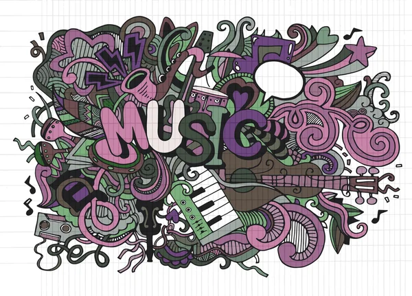 Fondo musical, Collage con instrumentos musicales.Dibujo a mano — Vector de stock