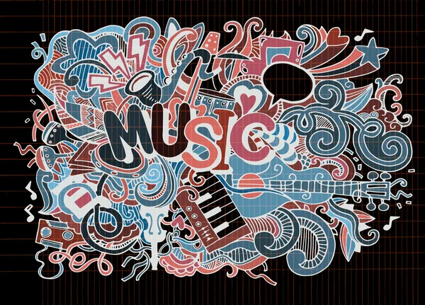 Muziek achtergrond, Collage met muziekinstrumenten. Hand tekenen — Stockvector