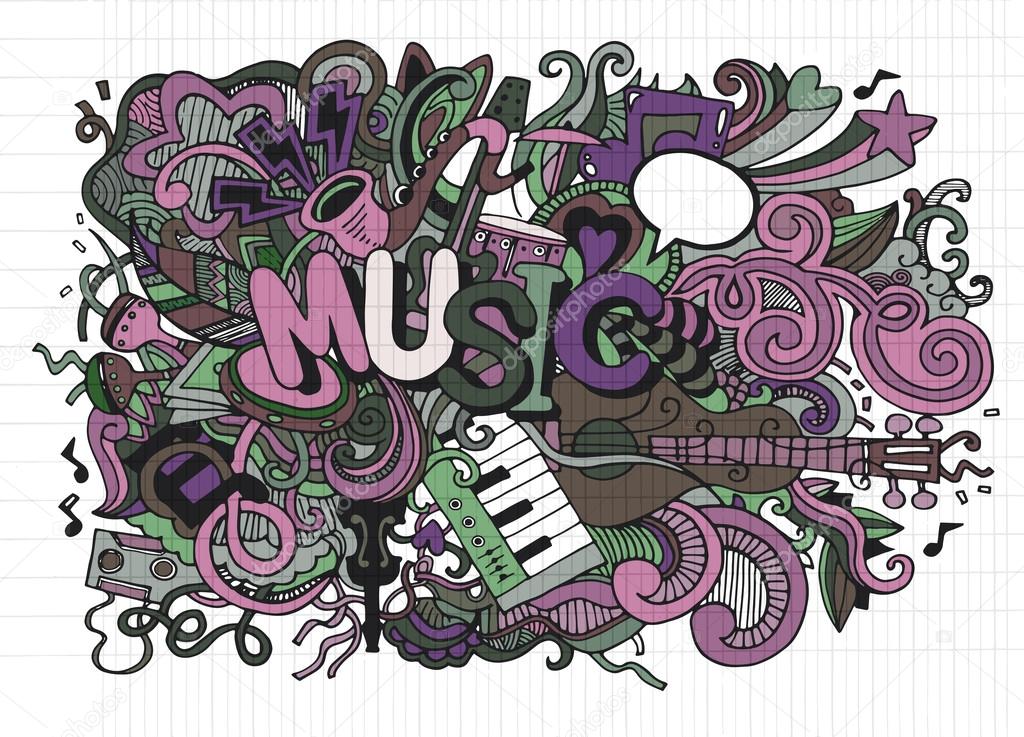 Music Background ,Collage with musical instruments.Hand drawing 