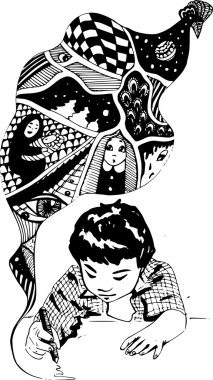 black-and-white illustration depicting abstract portrait of a child clipart