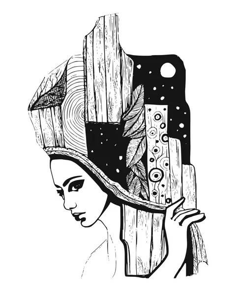 Black-and-white illustration depicting abstract portrait of a woman — Stock Photo, Image