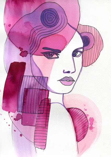 女性の肖像を描いた抽象的な水彩イラスト — ストック写真