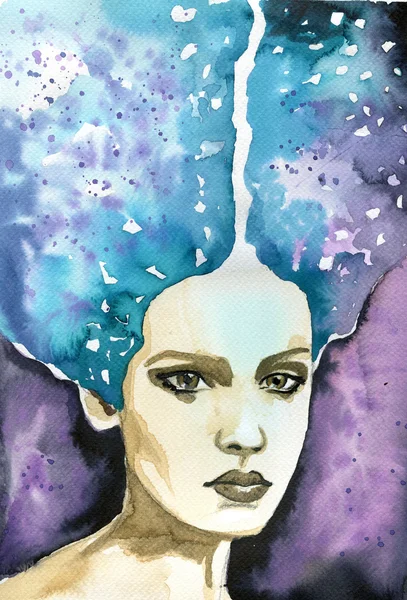Abstrakte Aquarell-Illustration mit dem Porträt einer Frau. — Stockfoto