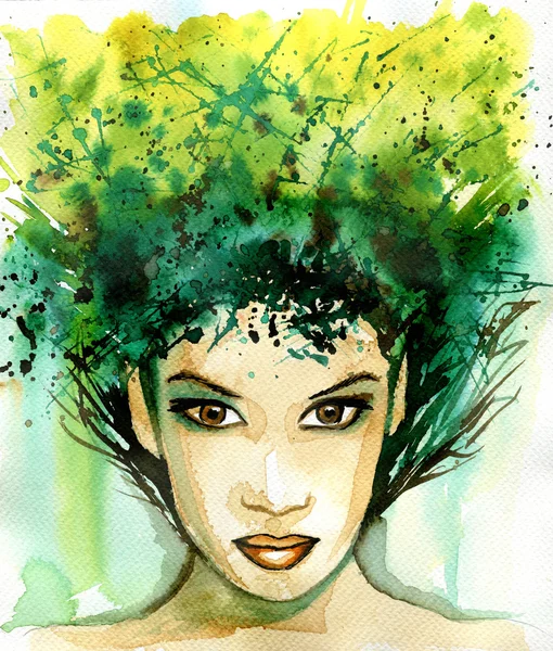 Abstrakte Aquarell-Illustration mit dem Porträt einer Frau. Stockfoto