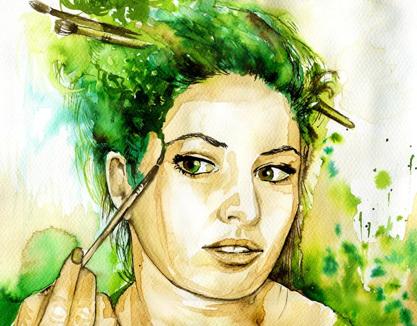 Ilustrasi cat air abstrak menggambarkan potret seorang wanita . Stok Foto Bebas Royalti