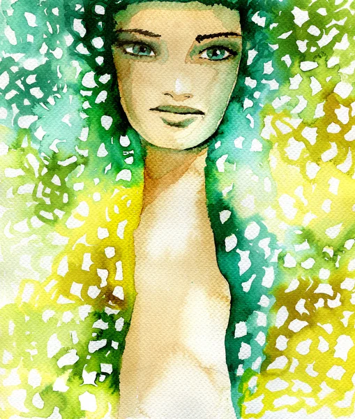 Abstrakte Aquarell-Illustration mit dem Porträt einer Frau. Stockbild