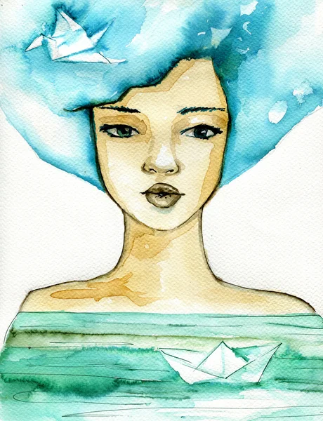 Abstrakte Aquarell-Illustration mit dem Porträt einer Frau. Stockfoto