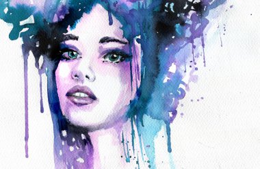 Bir kadın portresi tasvir soyut suluboya resim. 