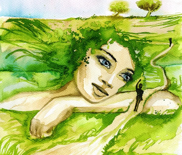 Ilustração aquarela abstrata que descreve um retrato de uma mulher . — Fotografia de Stock