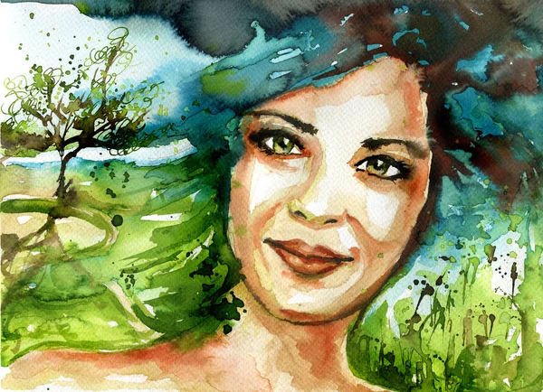 Abstrakte Aquarell-Illustration mit dem Porträt einer Frau. lizenzfreie Stockbilder