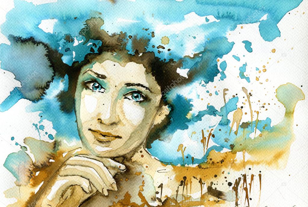Abstract watercolor illustration depicting a portrait of a woman. 