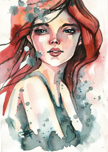 Illustration Depicting Watercolor Portrait Staring Woman Royalty Free Stock Photos