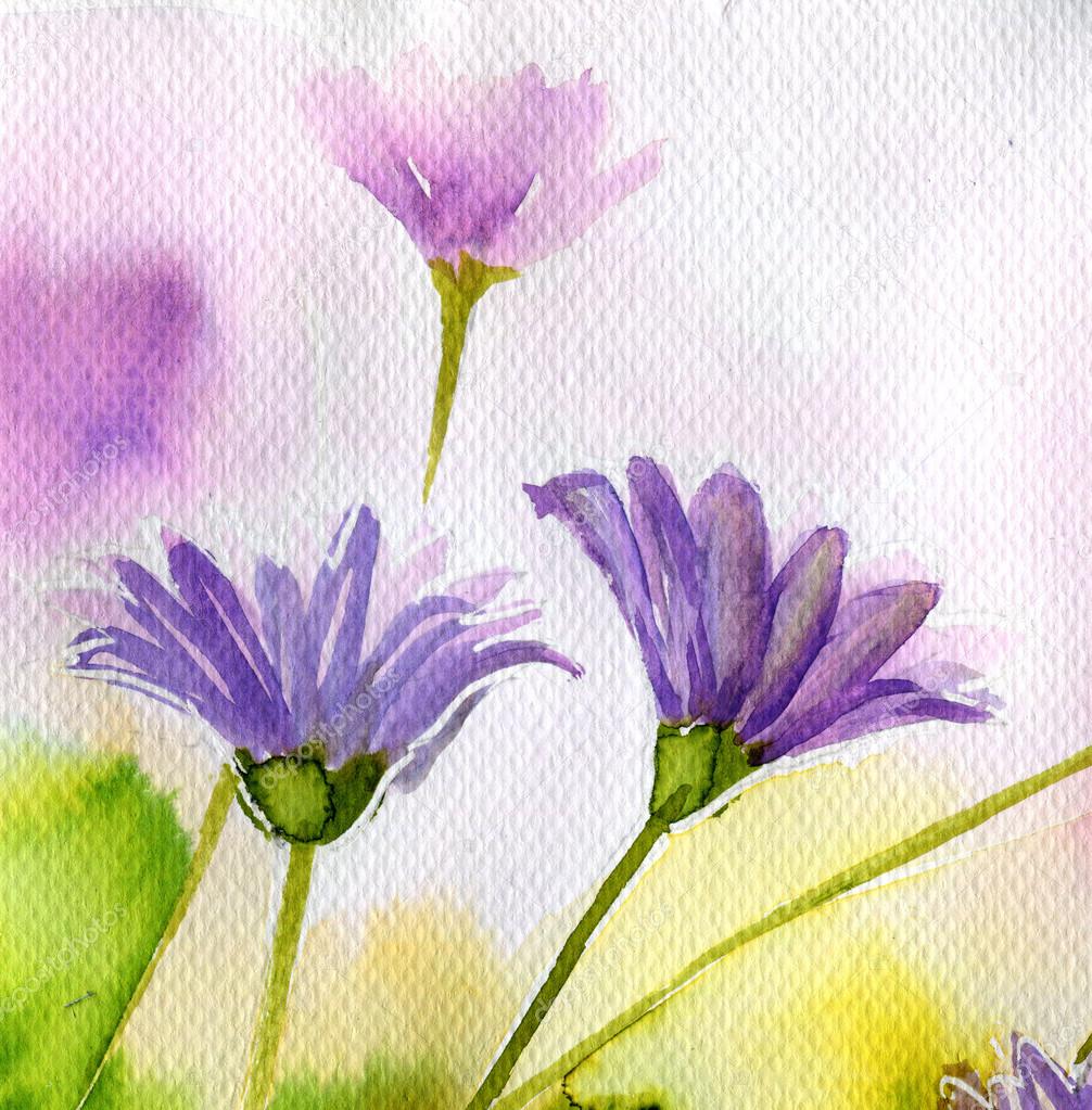 Watercolor illustration depicting spring flowers in the meadow