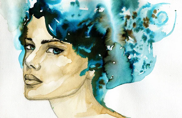 Abstrakte Aquarell-Illustration mit dem Porträt einer Frau — Stockfoto
