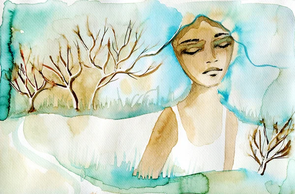 Abstract watercolor illustration depicting a portrait of a woman — Stock Photo, Image