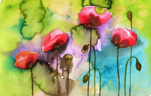 Akvarel ilustrace zobrazující jarní květiny na louce — Stock fotografie