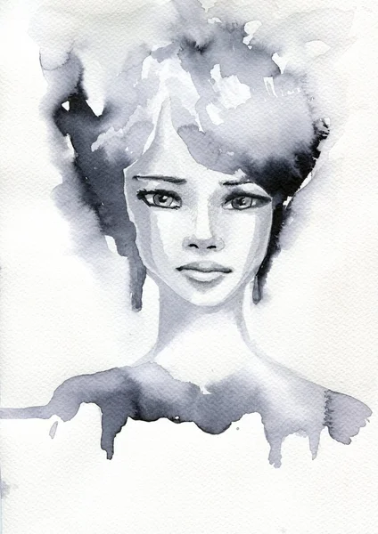 Watercolor illustration showing the face of a pretty — Stock Photo, Image