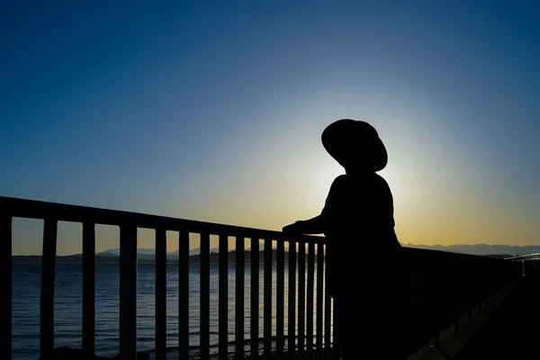 Feminino vestindo chapéu de sol em pé pela silhueta de corrimão — Fotografia de Stock