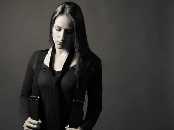 Female Wearing Tie And Suspenders — Stock Photo, Image