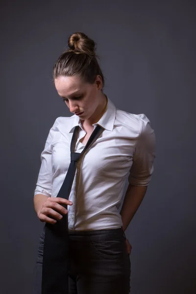 Slender Feminine Female Wearing Black Tie — Stock Photo, Image